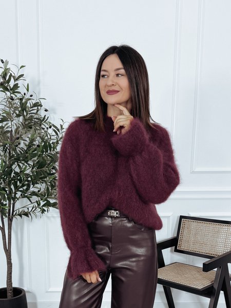 Sweter premium 81% kid moher z falbanką na rękawie bordowy INAVI