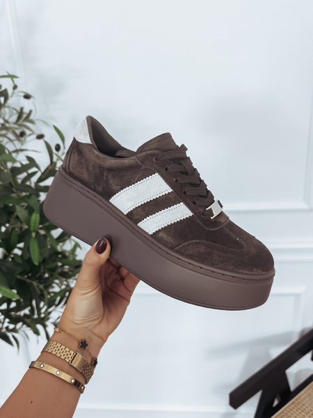 Sneakersy brązowe skóra naturalna beżowe paski SALLY