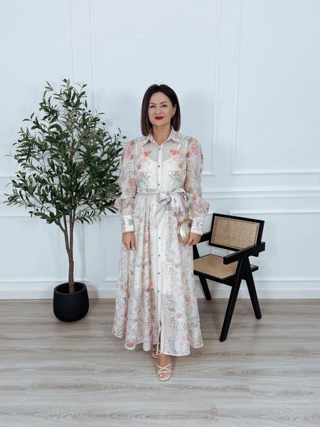 Elegancka sukienka maxi w delikatny print w kwiaty ecru LOLITA