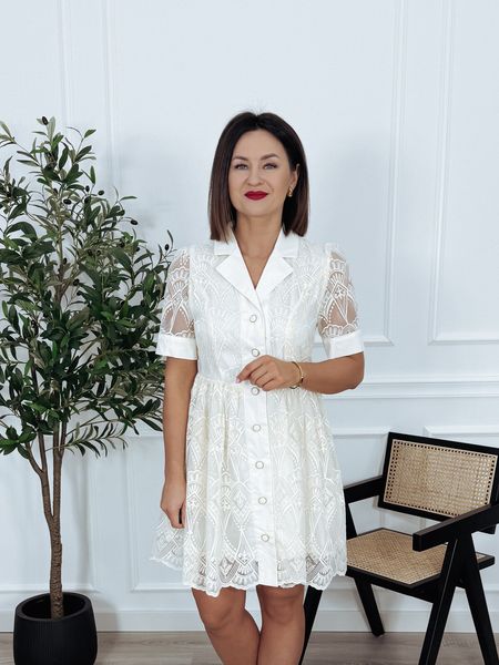 Sukienka z kołnierzykiem haftowana z wiskozy ecru AMELIA