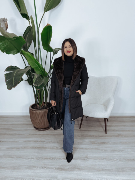 Kurtka zimowa wodoodporna z brązowym futerkiem czarna FABRIZIA