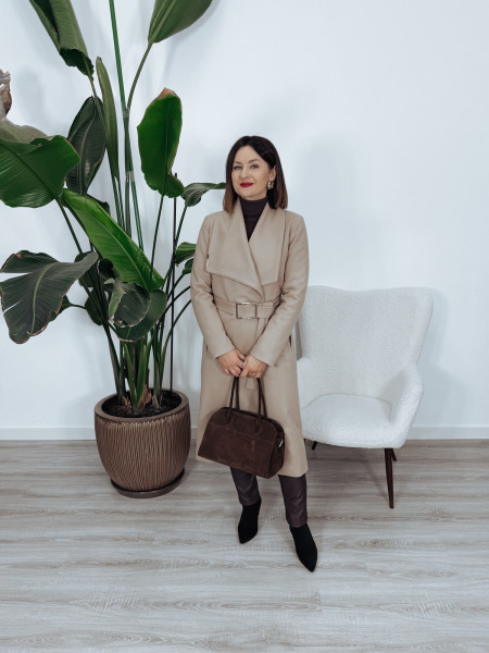 Długi płaszcz premium 50% wełna | ocieplany | z paskiem beżowy MELANIA