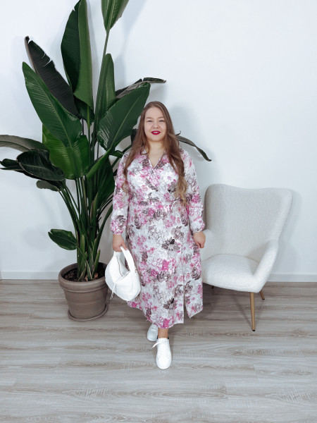 Sukienka maxi z rozcięciem i wiązaniem w pasie różowo- beżowe kwiaty GAJA