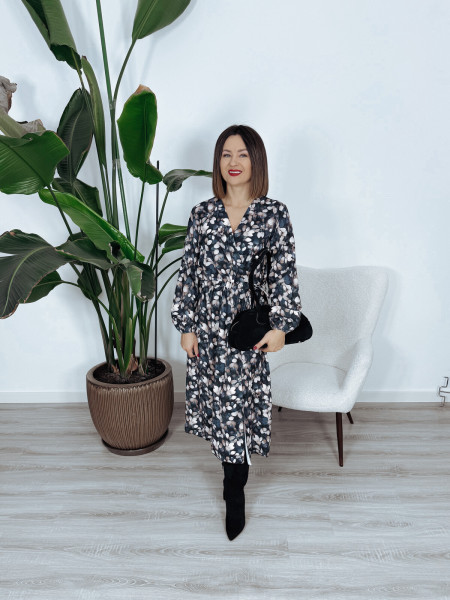 Sukienka z wiązaną regulacją w pasie w beżowe listka RENE