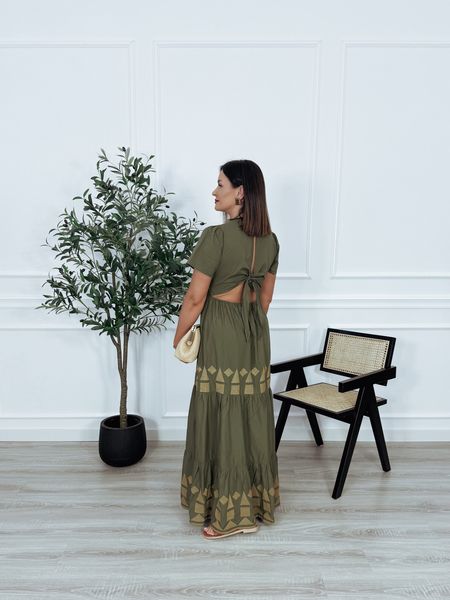 Sukienka maxi | wiązanie na plecach | khaki haftowana EVELYN