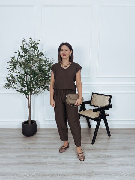 Komplet bluzka bez rękawów + spodnie balloony mleczna czekolada BAROZZI