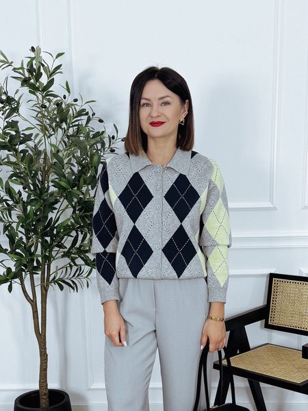 Kardigan w romby 60% wiskoza i 15 % wełna szaro-żółty DAISY