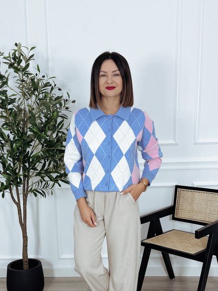 Kardigan w romby 60% wiskoza i 15 % wełna niebiesko- różowy DAISY