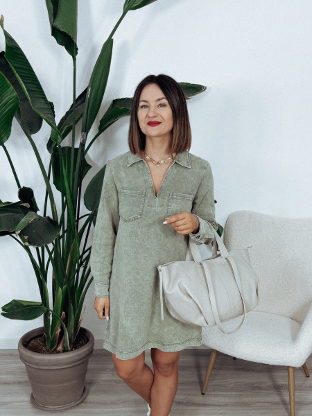 Sukienka jeansowa z długim rękawem khaki POLY