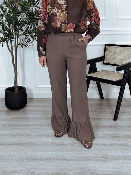 Spodnie premium z falbanką dołu z wiskozy mokka MILA