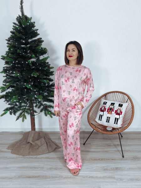 Piżama PREMIUM długa / bluzka + spodnie różowa w choinki GOOD NIGHT 