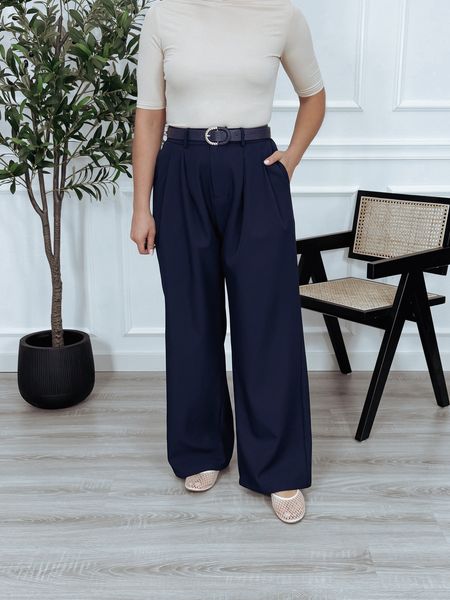 Spodnie materiałowe eleganckie | szeroka, prosta nogawka | granatowe BENITO