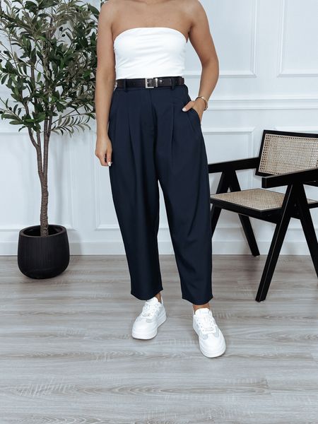 Spodnie materiałowe z wysokim stanem granat BRUNO