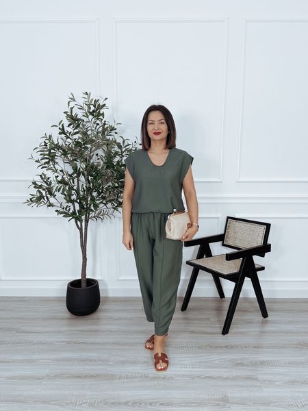 Komplet bluzka bez rękawów + spodnie balloony khaki BAROZZI