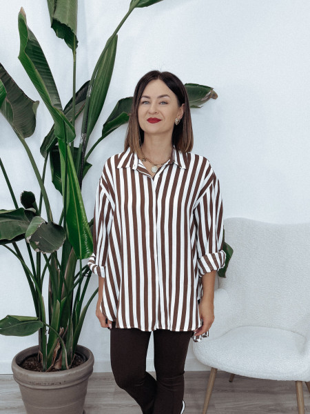 Koszula maxi asymetryczna | 100% wiskoza | paski brązowo-białe TO MUCH