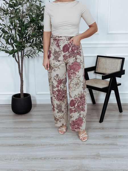 Spodnie bawełniane premium beżowe w róże ZUGY