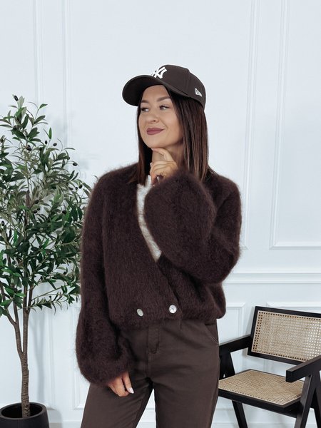 Sweter premium 80% kid moher dwa guziki czekoladowy MALLE