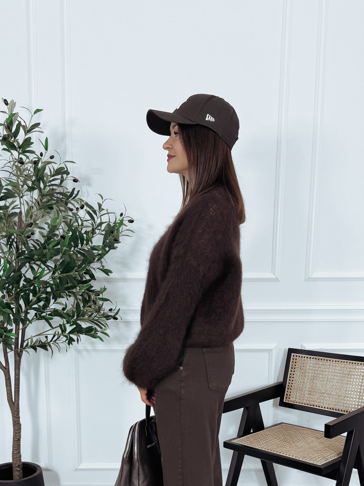 Sweter premium 80% kid moher dwa guziki czekoladowy MALLE